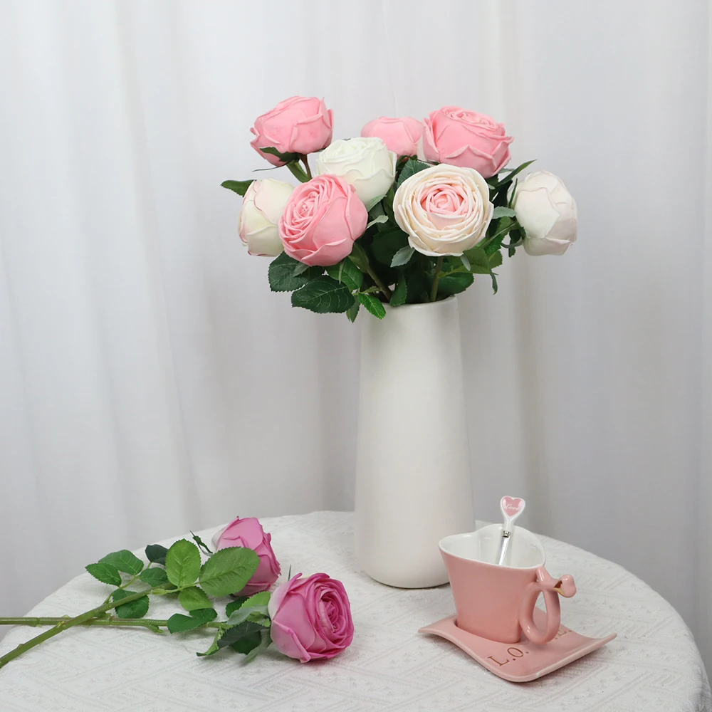 

43cm Single Branch Round Rose Artificial Silk Flower Home Decor Wreath Accessories Restaurant Flower Arrangement Decoration