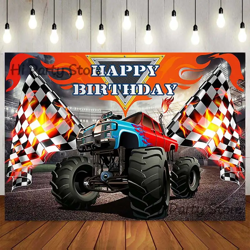 

Monster Trucks Backdrop Boy Birthday Party Supplies Racing Car Photography Background Baby Shower
