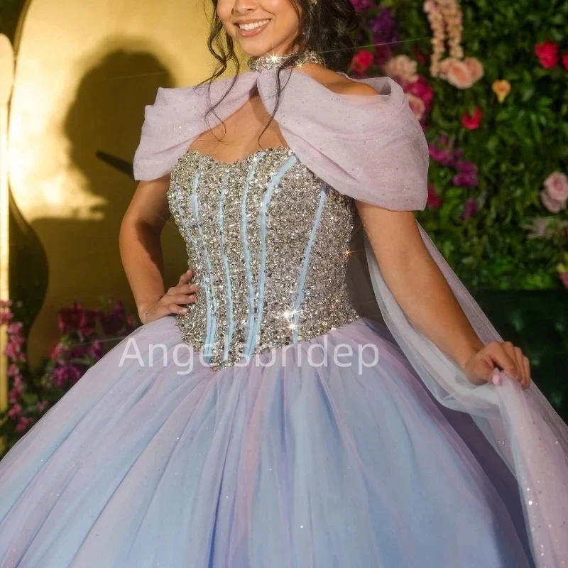 Angelsbridep ชุดชุดไปงานเต้นรำสีชมพูแวววาว, ชุดเดรส Quinceanera 2025พร้อมผ้าคลุมประดับด้วยคริสตัลลูกปัดปาร์ตี้วันเกิด vestido de 15 años