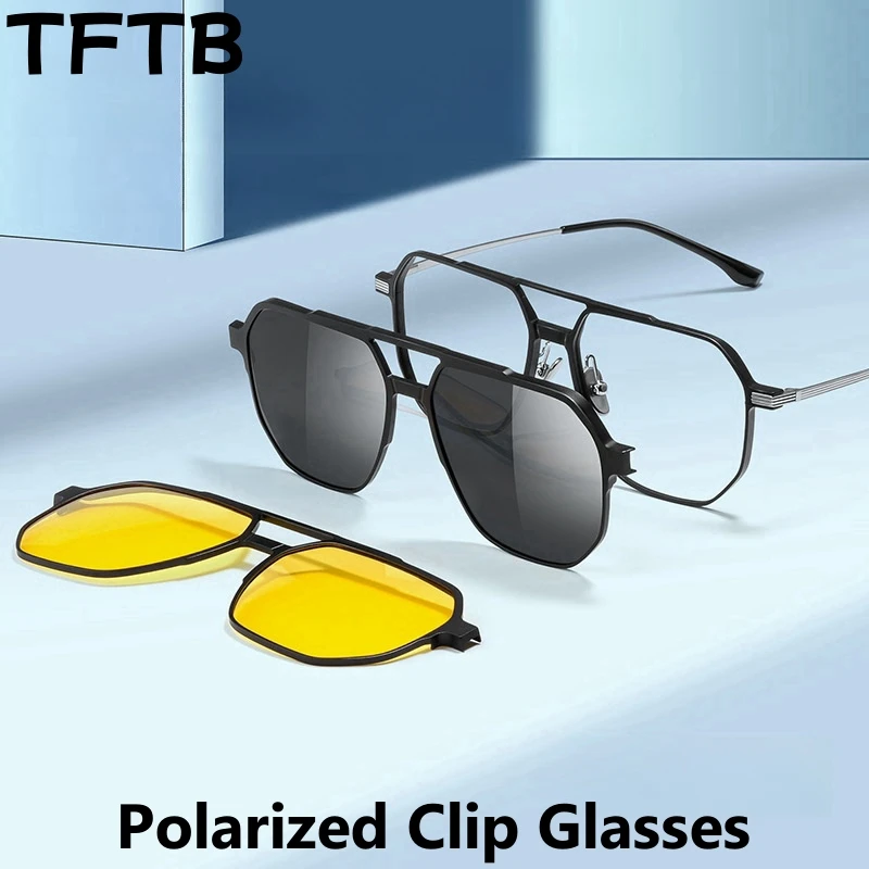 

TFTB Men and Women Polarized Magnetic Clip on Glasses Luxury Pure Titanium Pilot Big Optical Prescription Eyeglasses Frame 9906