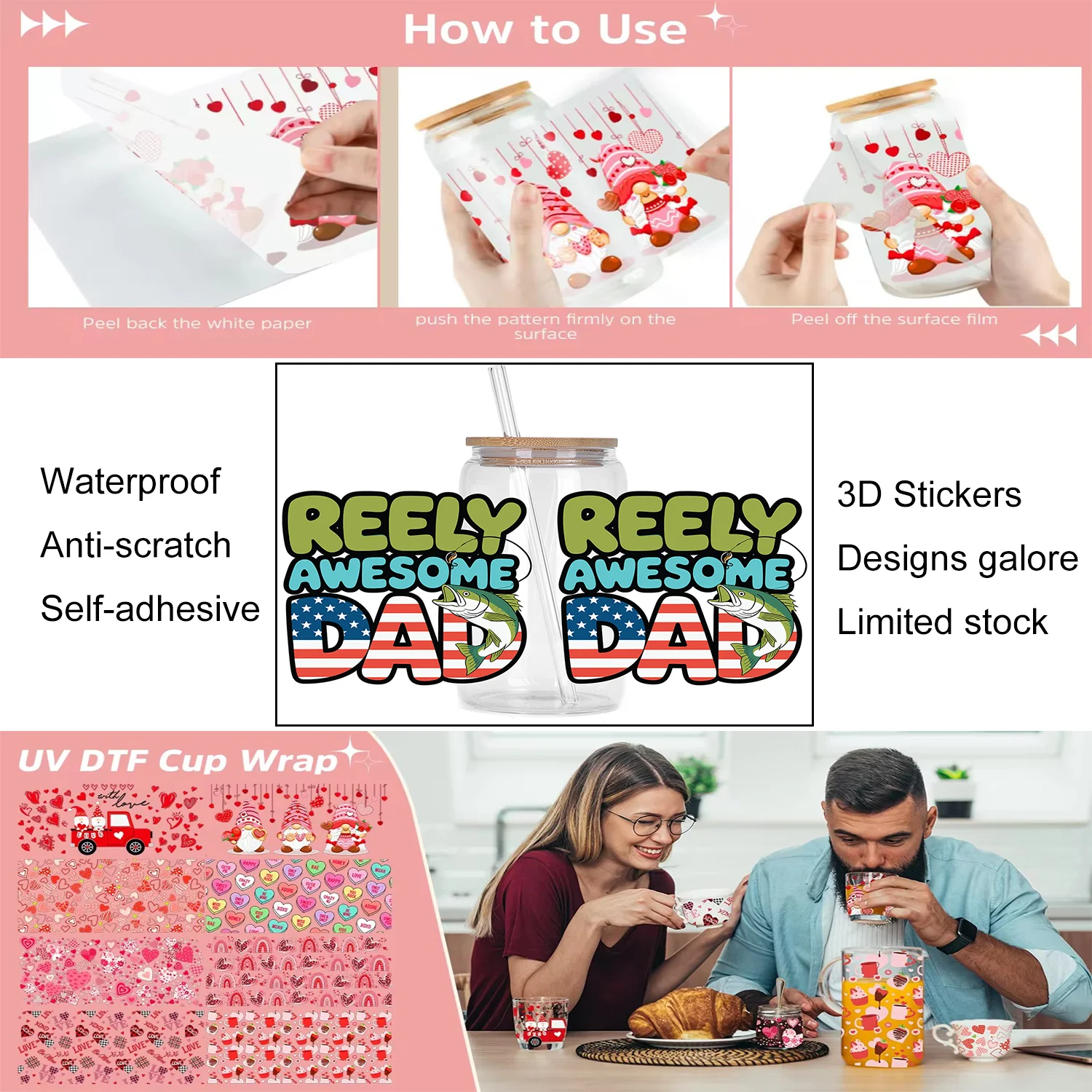Go Fishing 3D UV DTF Cup Wrap for 16oz Libbey DIY Decals Weekend Hooker Art Design Transfers 3D Sticker Master Fishin Cup Wraps