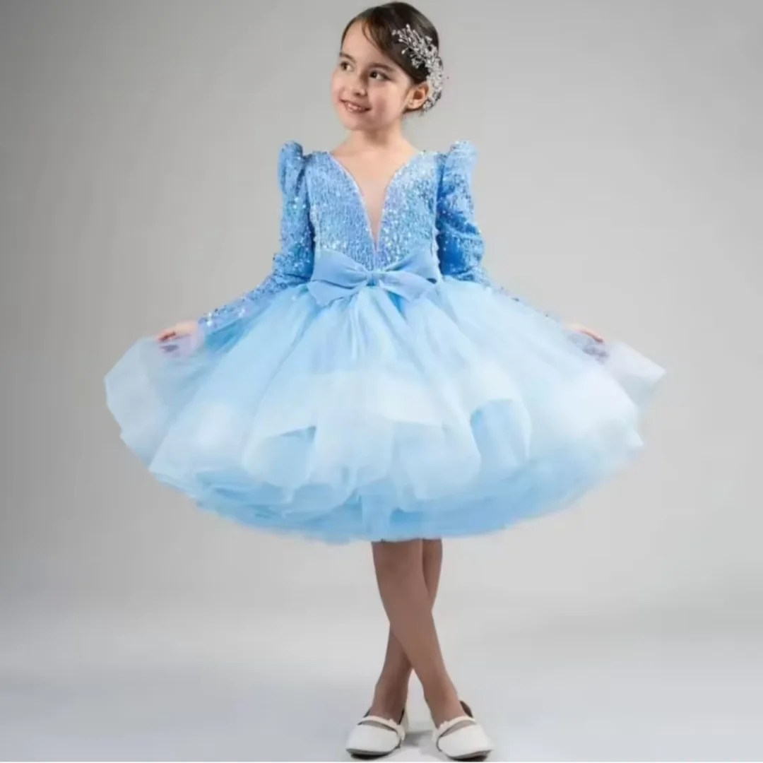 فستان فتاة الزهور اللامع من الدانتيل بأكمام طويلة بطول الركبة فستان الأميرة لحفلات الزفاف وأعياد الميلاد ومهرجانات التجميل والحفلات