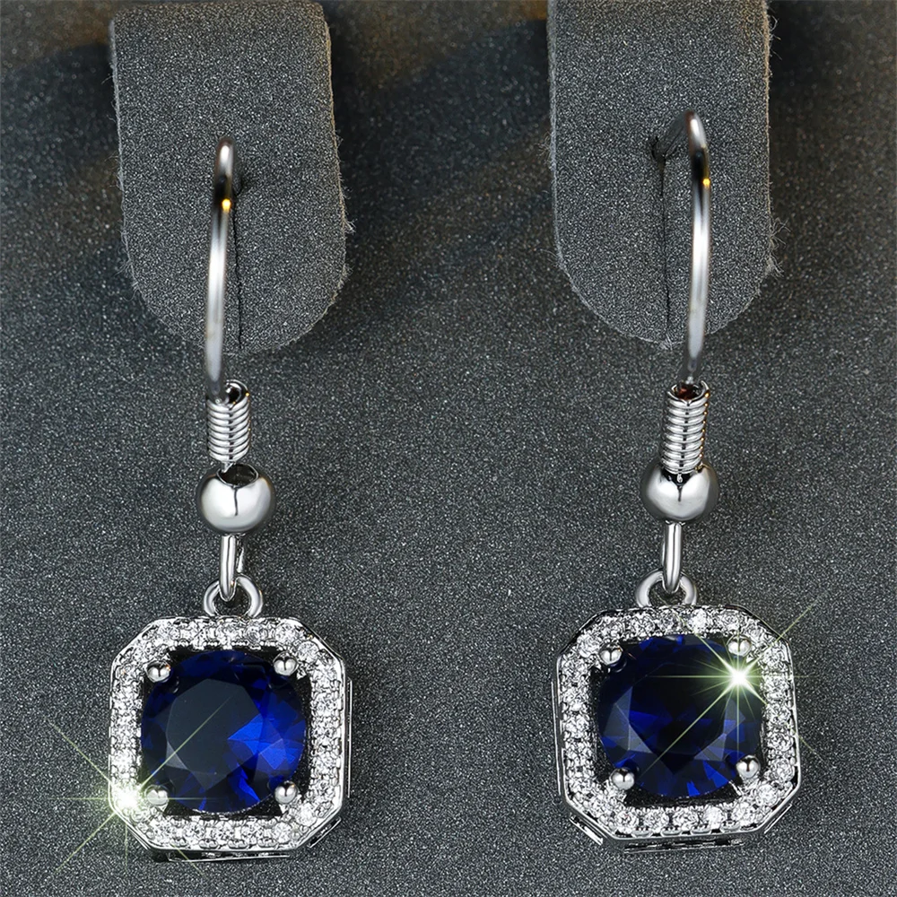 Blue Crystal Round Stone Square Pendant Dangle Earrings For Women Vintage Silver Color Bridal Wedding Jewelry Gift