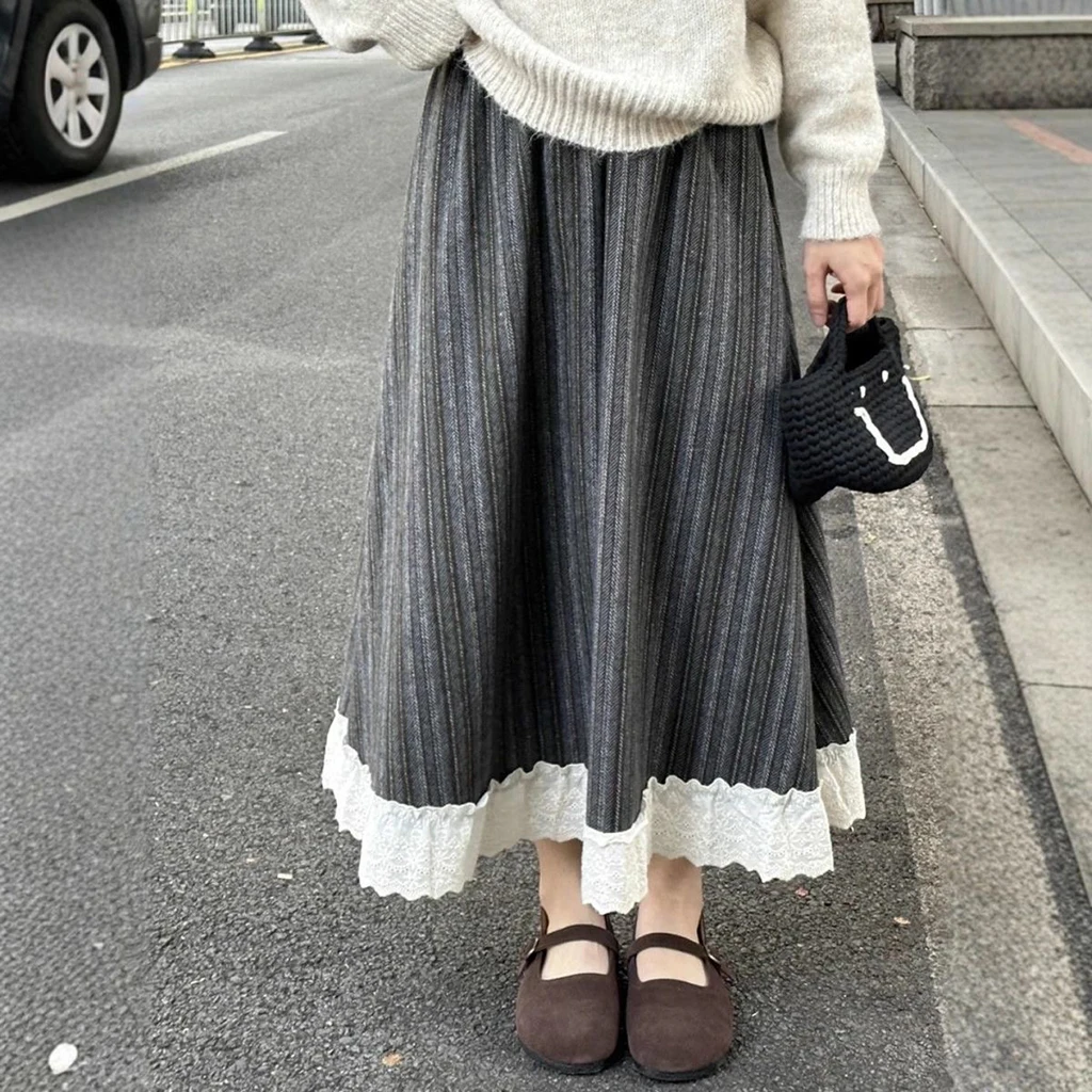 

Retro lace tweed vertical striped high-waisted slimming skirt for women, new A-line skirt for fashionable autumn and winter
