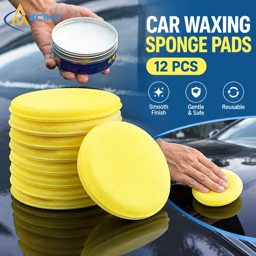 12Pcs Round Yellow Foam Waxing Pads, Reusable Car Polishing Sponge, Auto Applicator Pad for Wax Glaze Sealant Coating