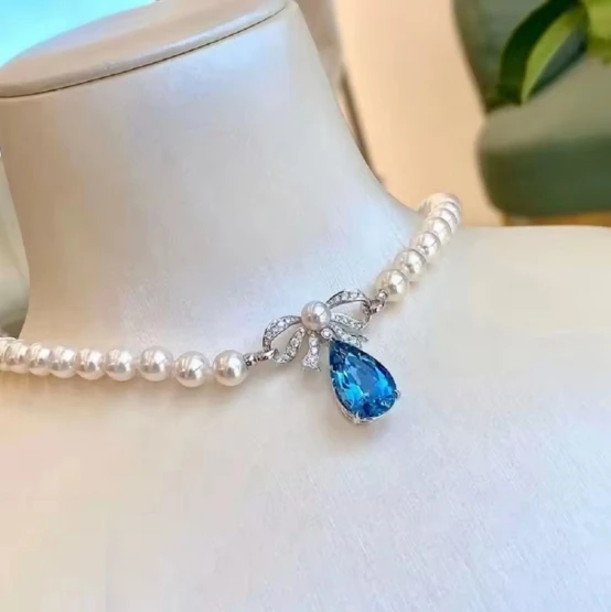 18“Classic Necklace / AAAA 8-9mm/9-10mm Sea Blue Treasure Color/Connecting Buckle Natural Pearl Necklace