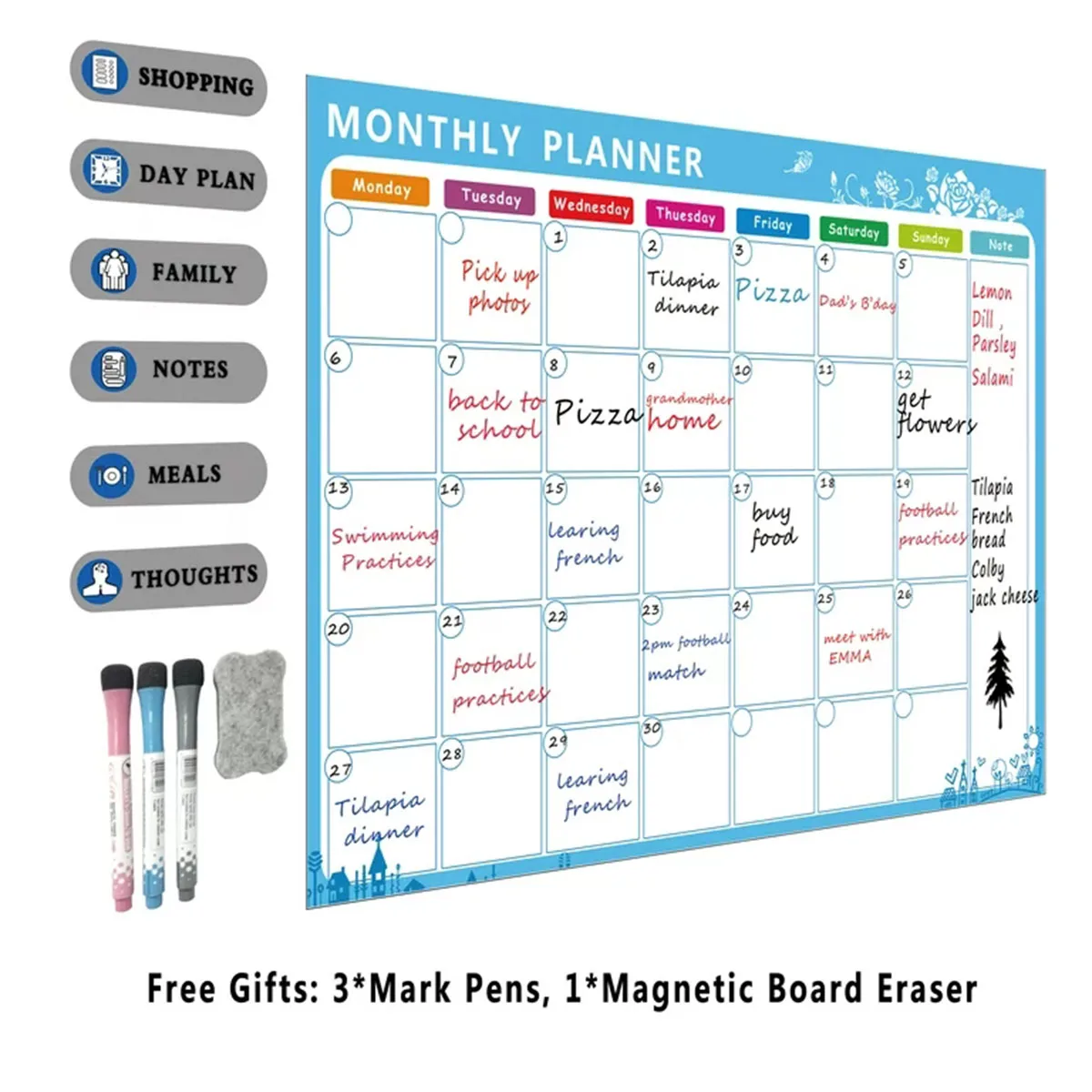 Magnetic Dry Erase Monthly Calendar Set-Magnetic White Board Weekly Planner & Grocery Organizer for Kitchen Refrigerator