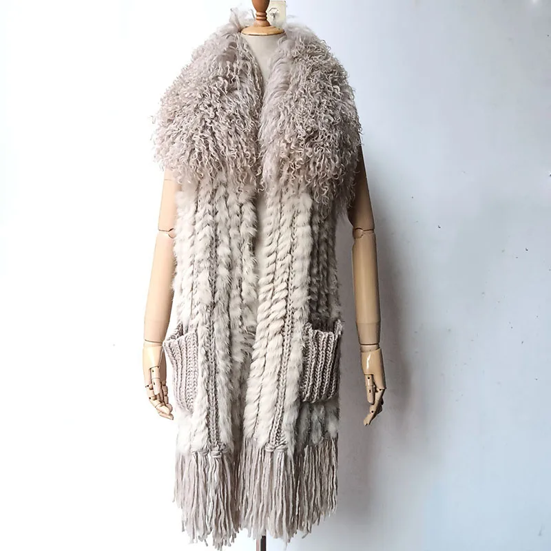 Women Knitted Real Rabbit Fur Vest With Mongolia Lamb Fur Collar Long Fashion Genuine Fur Gilet With Pocket Sleeveless Waistcoat