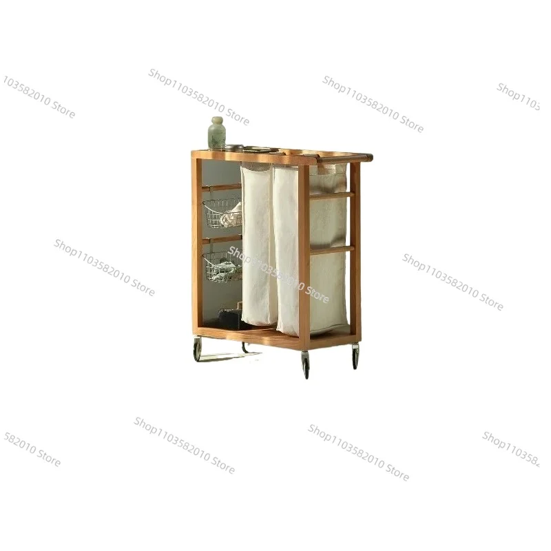 Solid Wood Movable Laundry Cart, Bathroom Toilet Sorting Dirty Clothes Basket with Wheels