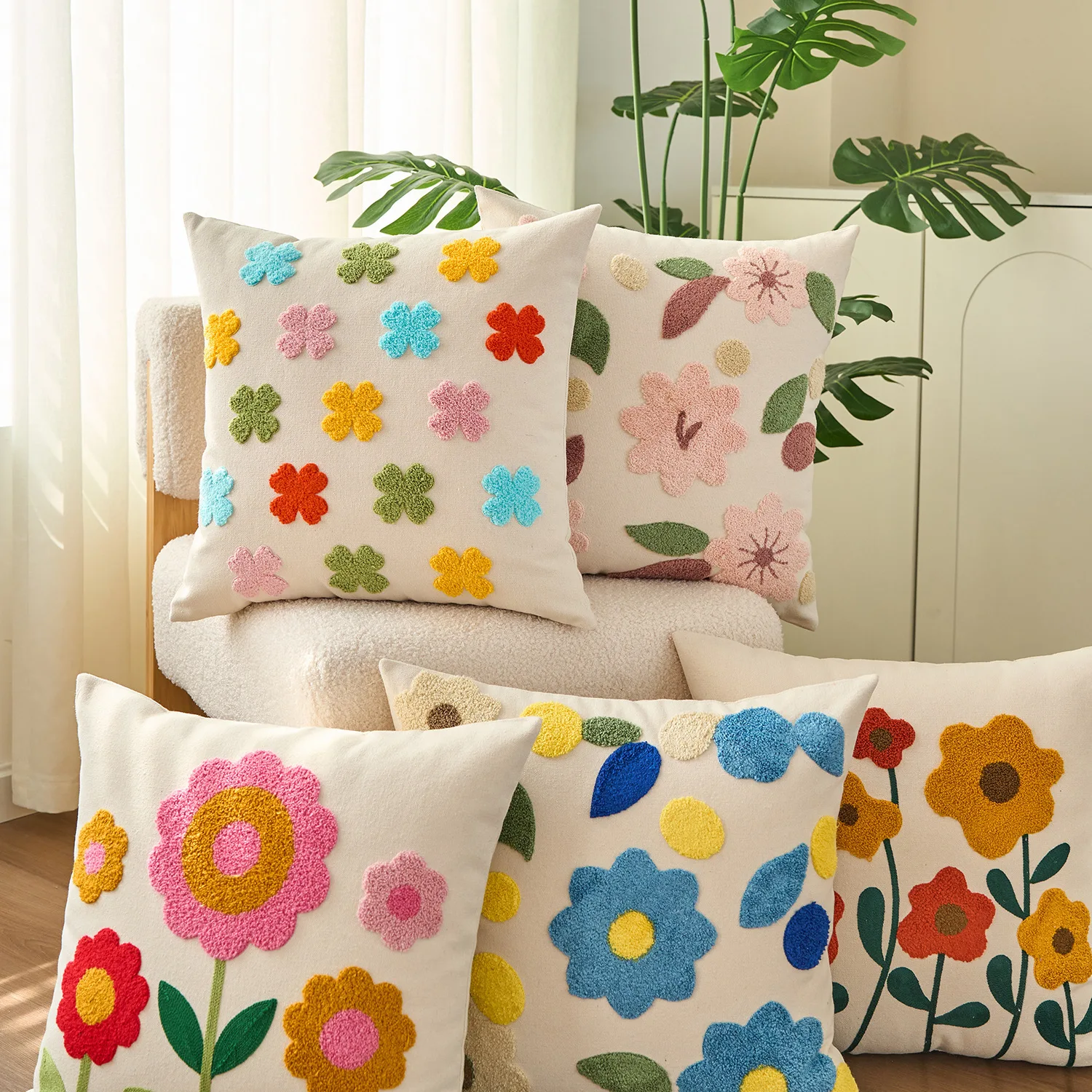 Boho Plants Embroidered Cushion Covers 45x45cm Decorative Throw Pillow Cases Aesthetic Cute Pillowcases for Living Room Sofa Bed