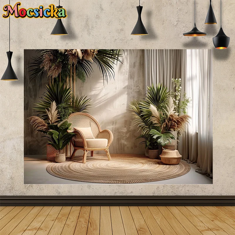 Mocsicka Summer Photography Backdrop Happy Birthday Party Living Room Greenery Curtain Background Adult Kids Portrait Studio