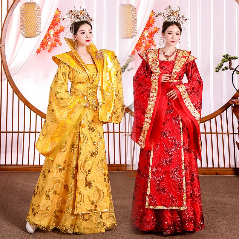 

Ancient Hanfu Costume Female Imperial Royal Princess Wedding Dress Opera Dress Queen Robe Yang Guifei Red Yellow Garment