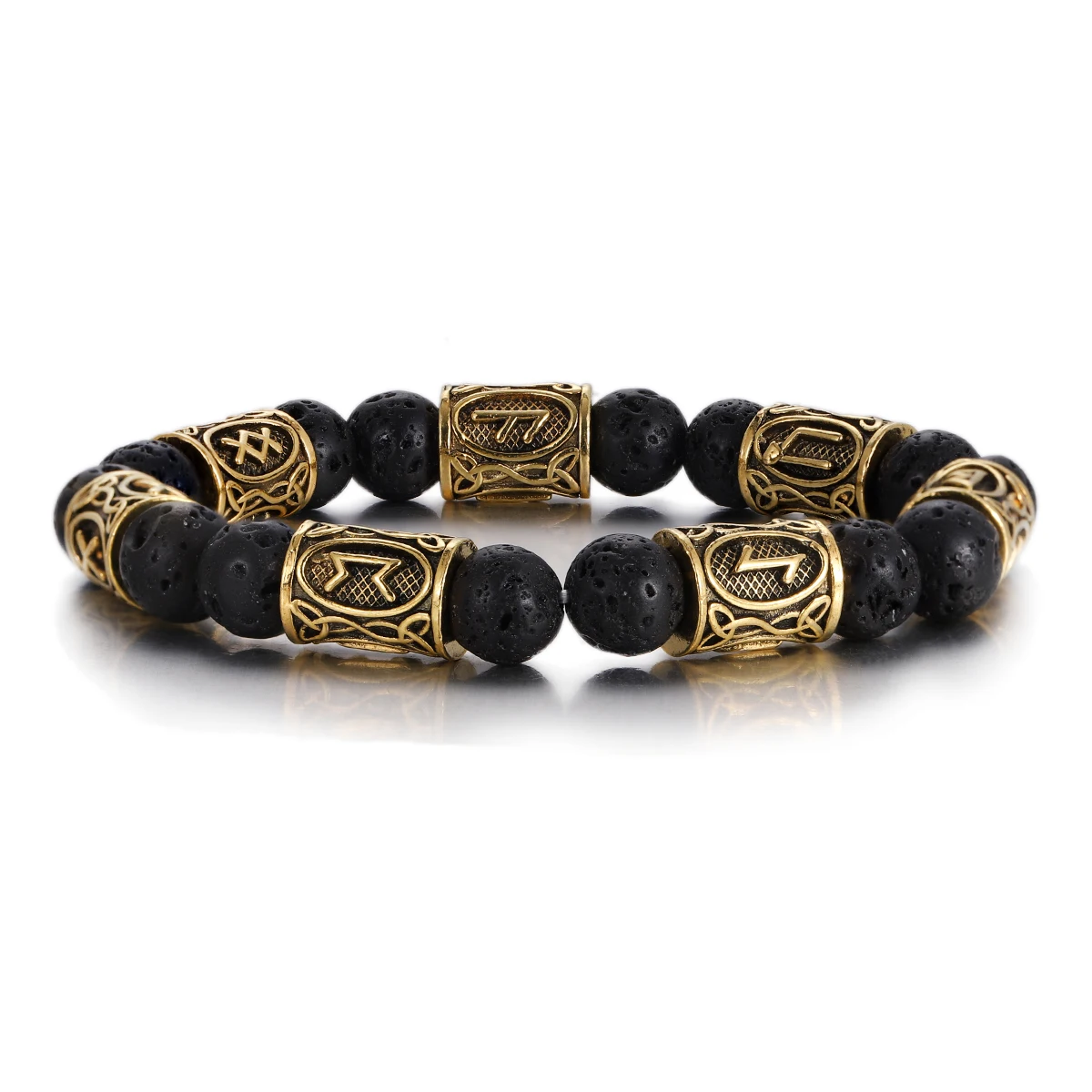 Classic Gold Color Vikings Runes Bracelet for Women Men 8Mm Natural Lava Stone Handmade Elastic Bracelets New Homme Jewelry