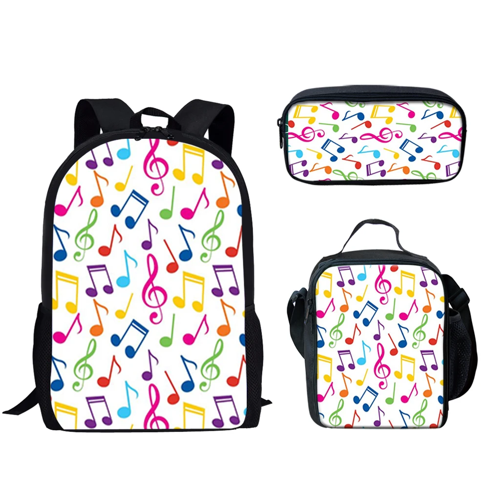 Casual 3Pcs School Bags Music Notes Print Lightweight Large Capacity Backpack Teen Boys Girls Travel Bookbags Back to School