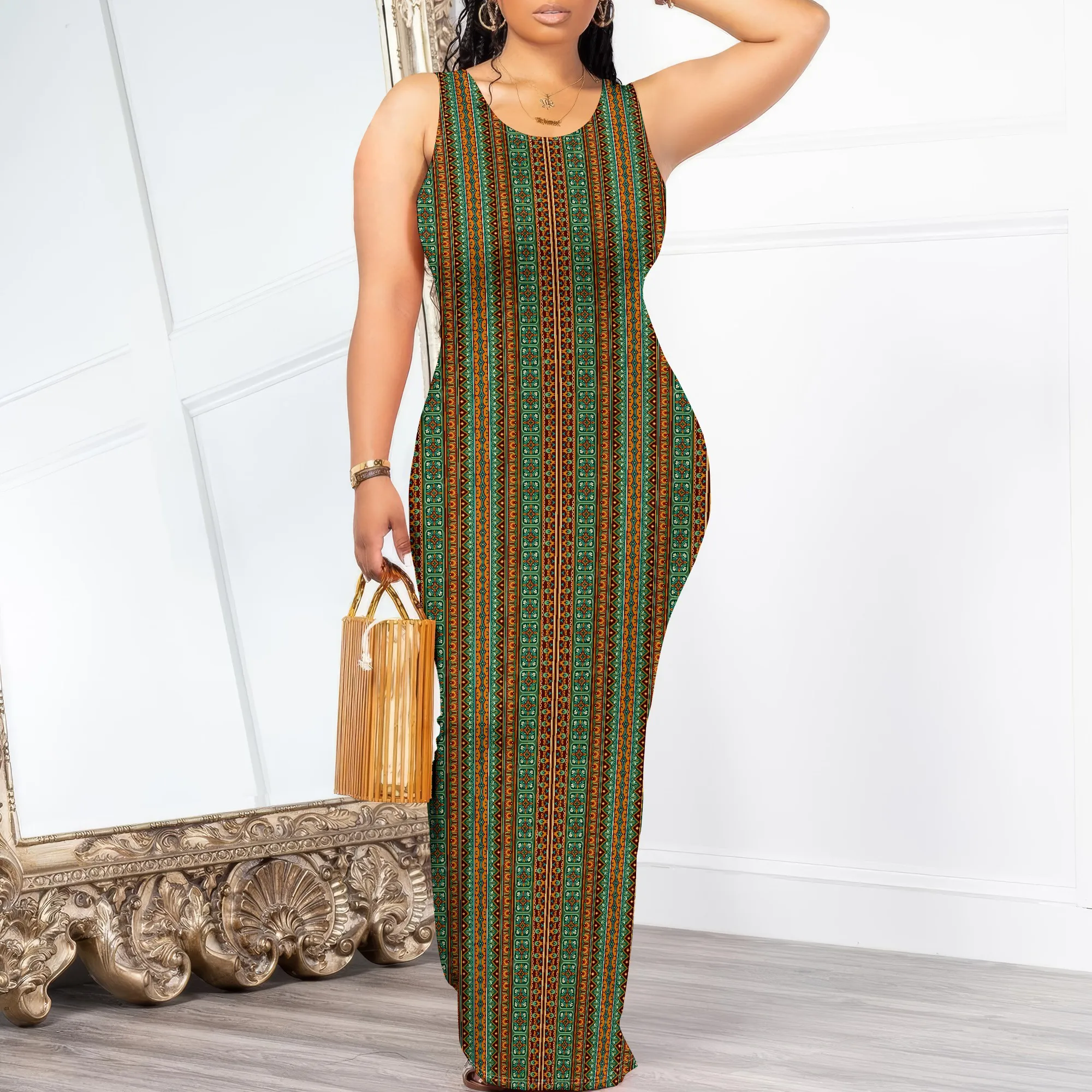 

African Kente Style Maxi Dress S-3XL – Sleeveless Cultural Print Bodycon for Heritage or Festival Wear