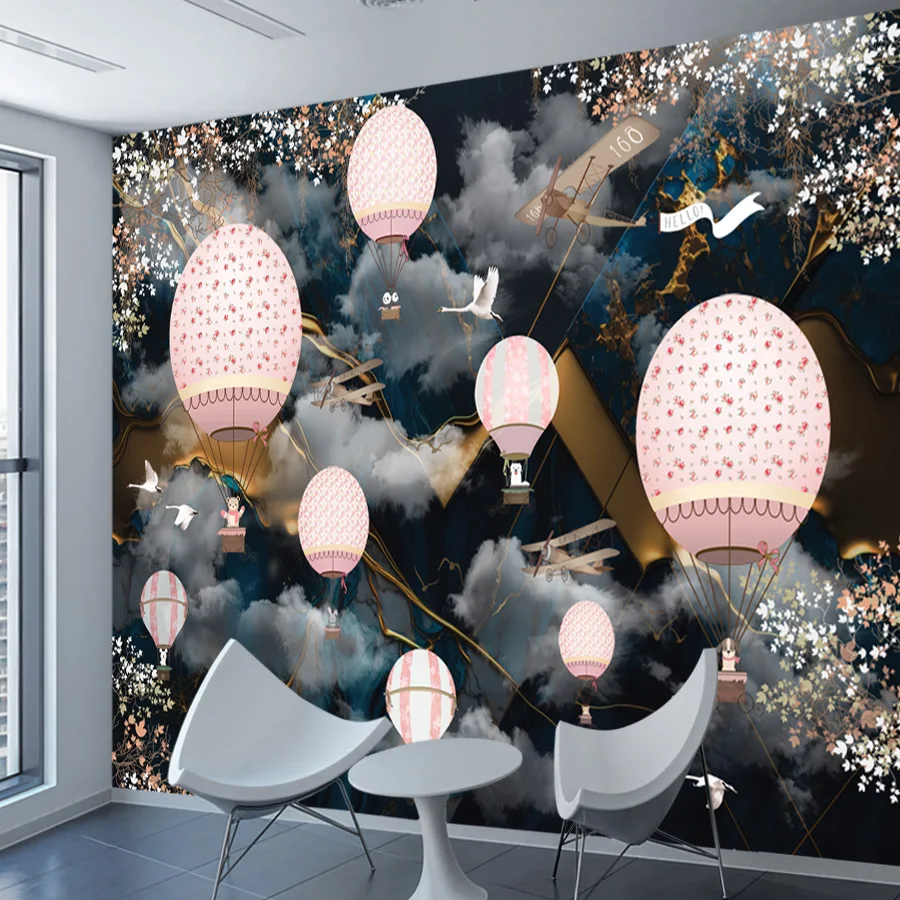 Custom Cartoon Easy to Apply Self Adhesive Wallpapers for Living Room Wall Papers Home Decor Kids Bed Plane Balloon Sky TV Mural
