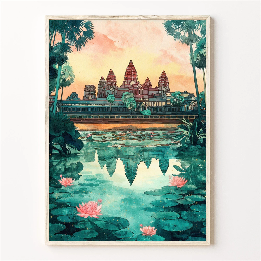 Angkor Wat Cambodia Jungle Temple Travel Poster Print Vintage Boho Tropical Illustration Wall Art Cambodian Asian Canvas Prints