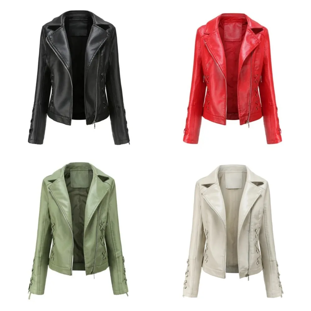 

New Spring Women Faux Leather Jacket Biker Red White Coat Turndown Collar PU Motorcycle Jackets Black Outerwear Jacket Women