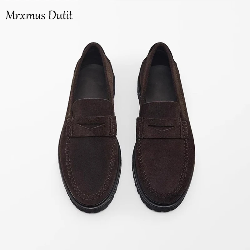 Mrxmus Dutit 2023 Autumn Fashion Men New Genuine Leather Suede Flat Loafers Commute Slip-on Shoes Solid Casual Simple Male Chic