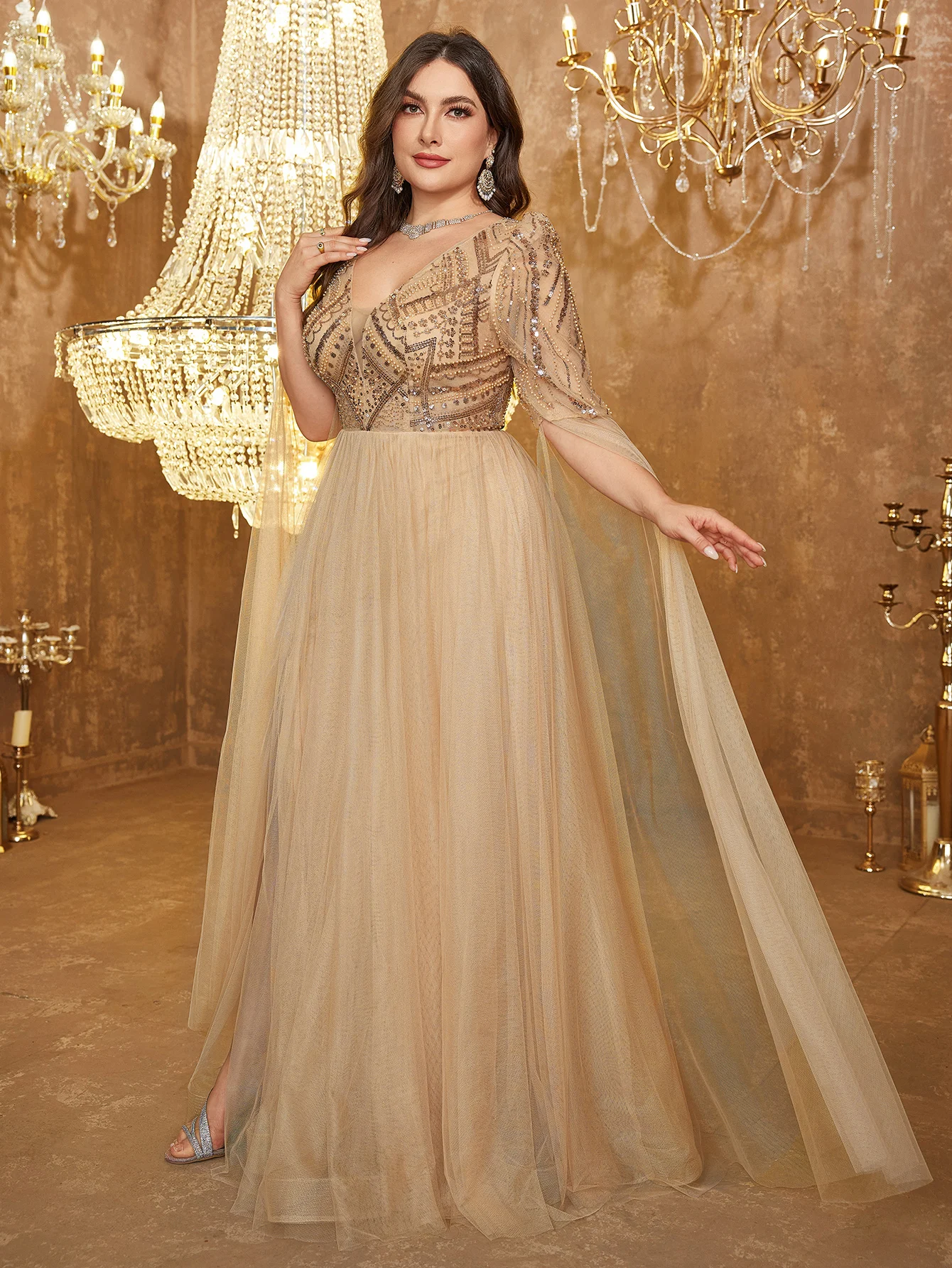 

UNITHORSE Роскошное вечернее платье больших размеров с v-образным вырезом и удлиненными сетчатыми рукавами, украшенное бисером в стиле пэчворк, с разрезом по подолу