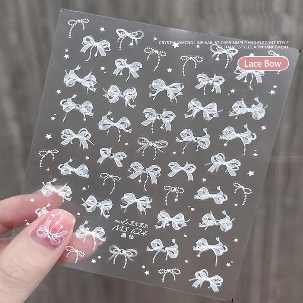 2pcs Pearl Lace Bow Nail Sticker Set White 5D Relief Ribbon Bownot Pearl Nail Art Decals Sweet Cute Nail Decoration Accessories