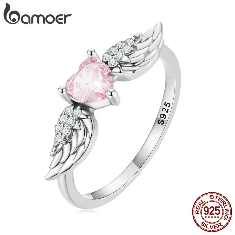 BAMOER 925 Sterling Silver Angel Wing Ring for Women Fine Jewelry Pink Heart Zircon Eternity Band Ring Wedding Gift SCR874