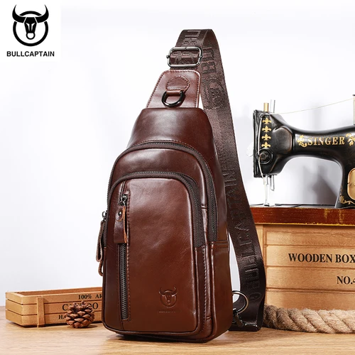 BULLCAPTAIN bolso de pecho de cuero genuino bolso informal de gran capacidad bandolera de hombro de cuero de primera capa multifuncional
