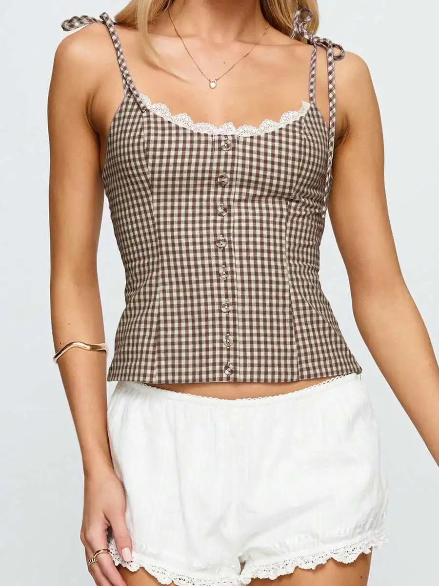 

Women Gingham Plaid Camisole Lace Trim Scoop Neck Sleeveless Tie Up Spaghetti Strap Crop Top Summer