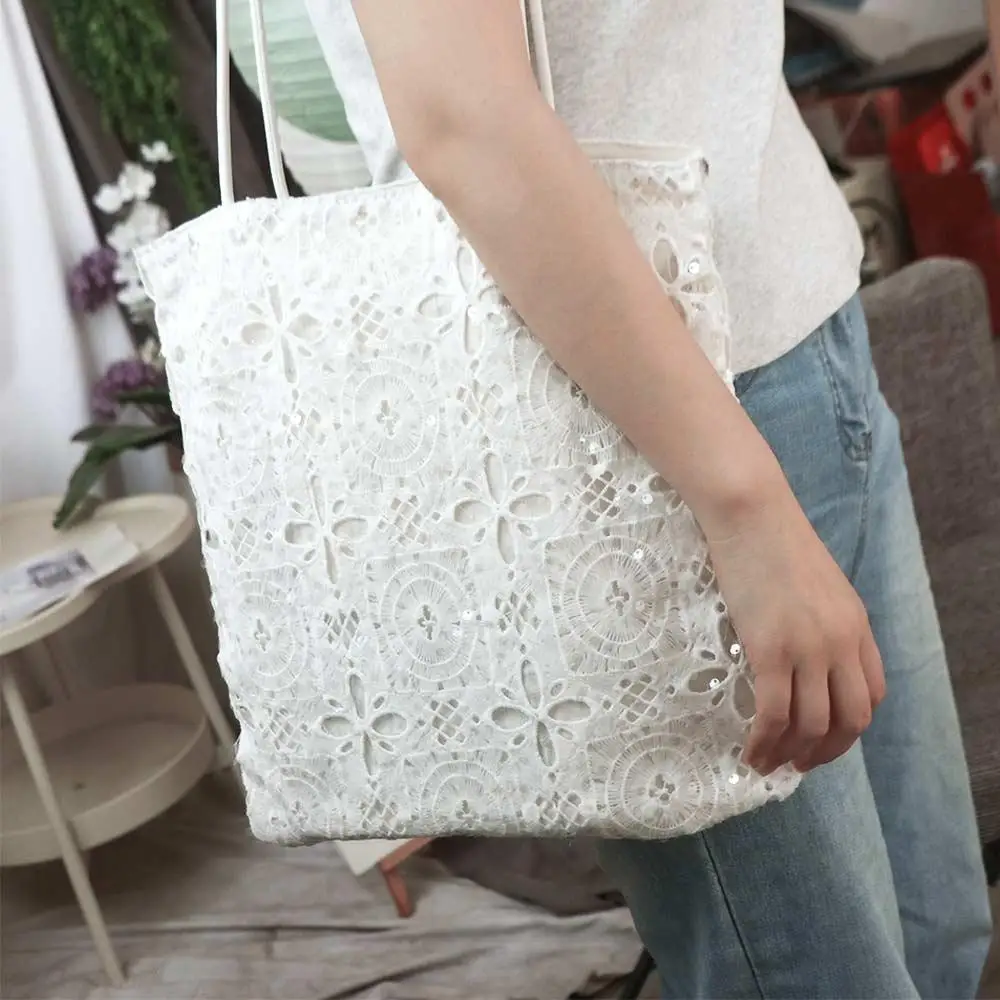 Hollow Out Embroidery Lace Shoulder Bag Flower Large Capacity Sequin Tote Bag Lightweight Embroidered Women's Weave Handbag