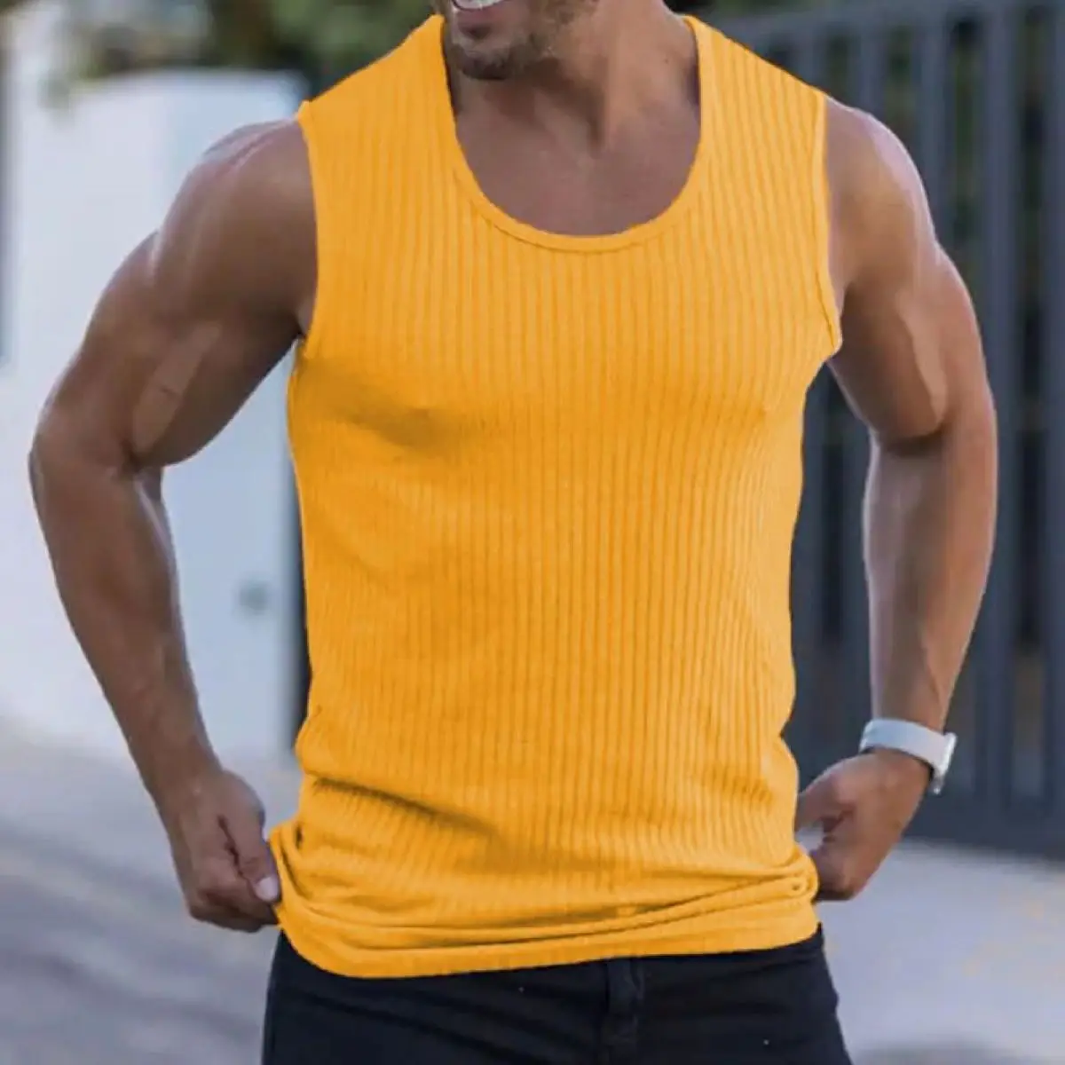 2024 Summer men sleeveless wide shoulder knitted striped muscle Fitness sports casual slim-fit back heart hipster man