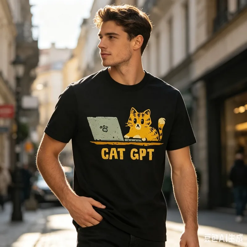 Men Streetwear Casual T-shirt CAT GPT Cute Cat Laptop Print Retro Daily Hip Hop Loose Basic Street Fashion Summer Top