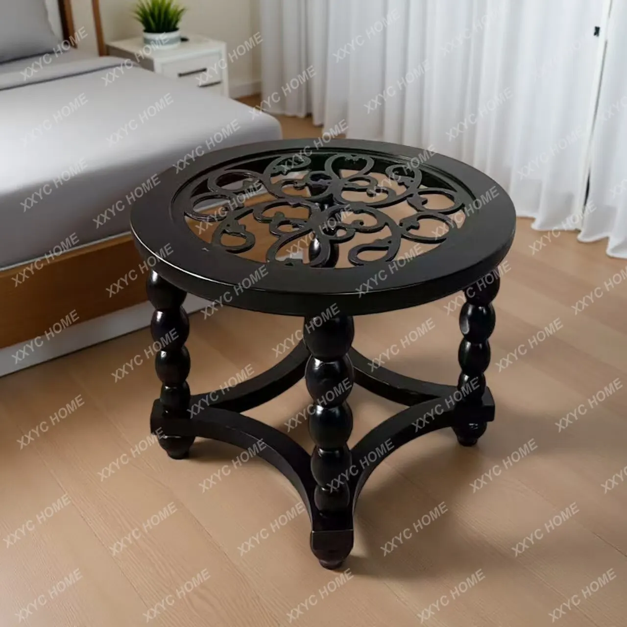Chinese black hollow carved round table solid wood side table living room decoration small coffee table French retro furniture
