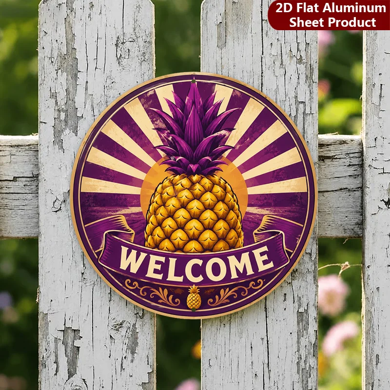 2D Flat, 1pc, Colorful Pineapple Round Sign, Tropical Welcome Vintage Decorative Plaque, Vintage Style Porch Decorations, Wall D