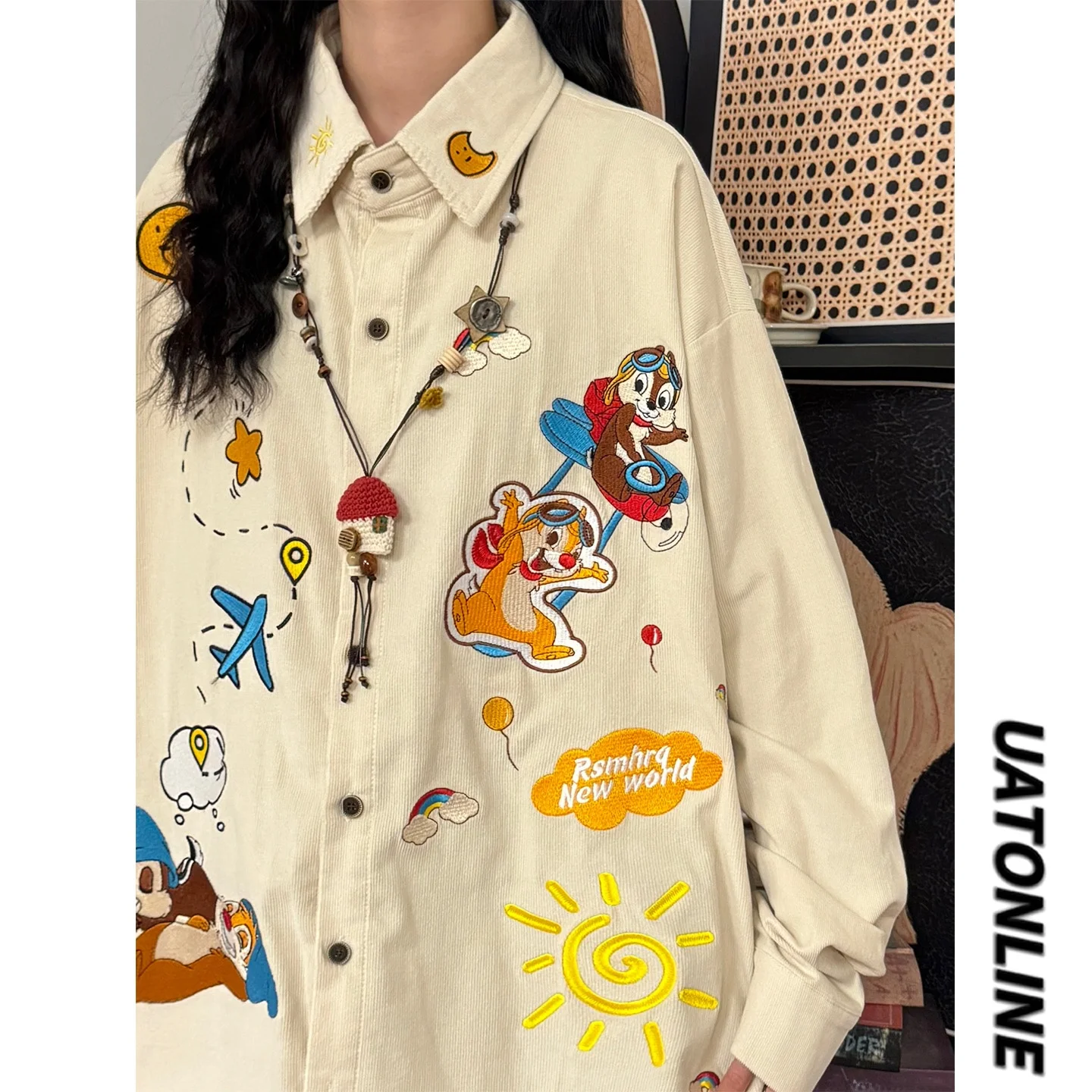 

UATONLINE Autumn American Retro Loose Casual Cartoon Embroidery Corduroy Long Sve irt Top Fem Loose Fit Neutral Sle
