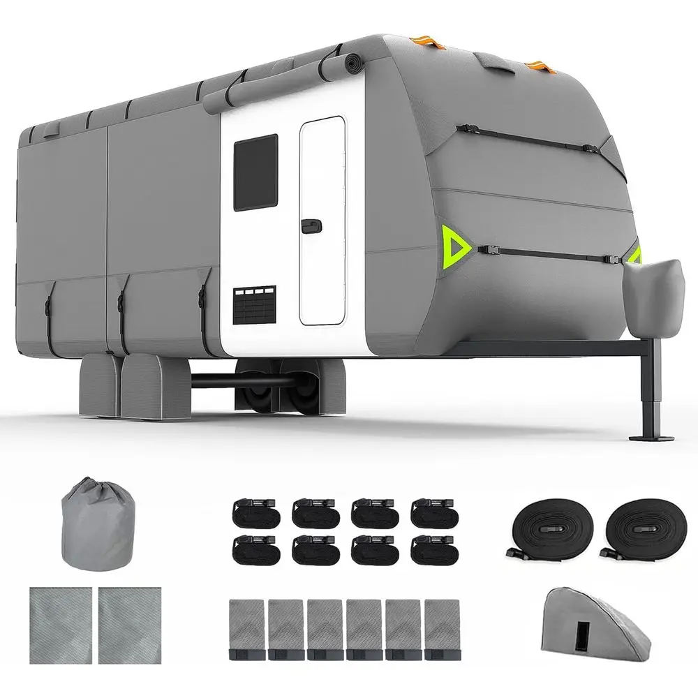 RV Cover, -24-27 FT Heavy Duty Travel Trailer Cover with 8 Layers Corner, Waterproof Camper Cover with 4 Tire Cover & Tongue Jac