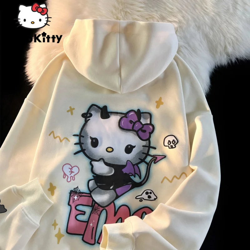 Sanrio Demon Hello Kitty Y2k Vintage Hoodie American Cute Zip Up Coat Women Winter Emo Chic Couple Halloween Sweatshirt Yk2 Tops