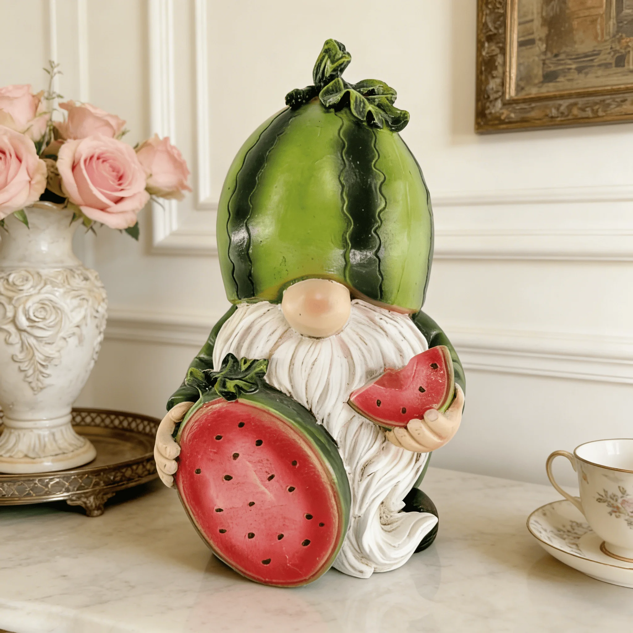 Resin Gnome Watermelon Statue Cute Home Decor Garden Lawn Landscape Creative Gift Collectible Item Desktop Decoration