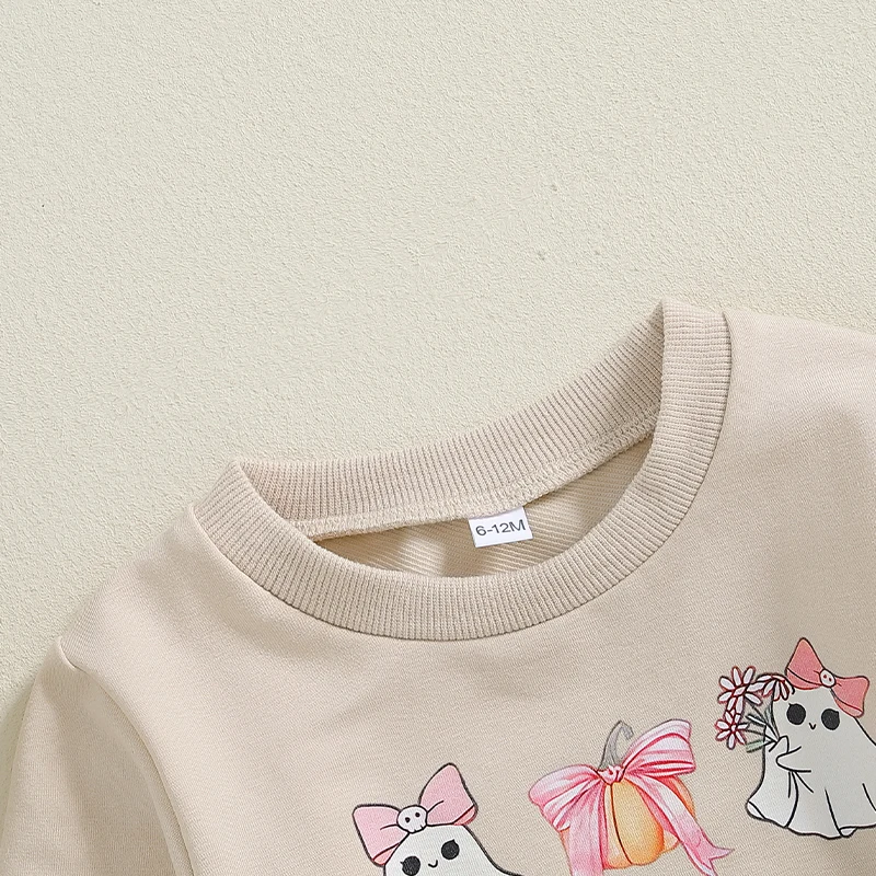 Sweat-shirt imprimé fantôme avec nœud PVD pour fille, pull à col rond, chemise à manches longues en Y, vêtements d'automne pour tout-petits, bébé, Halloween