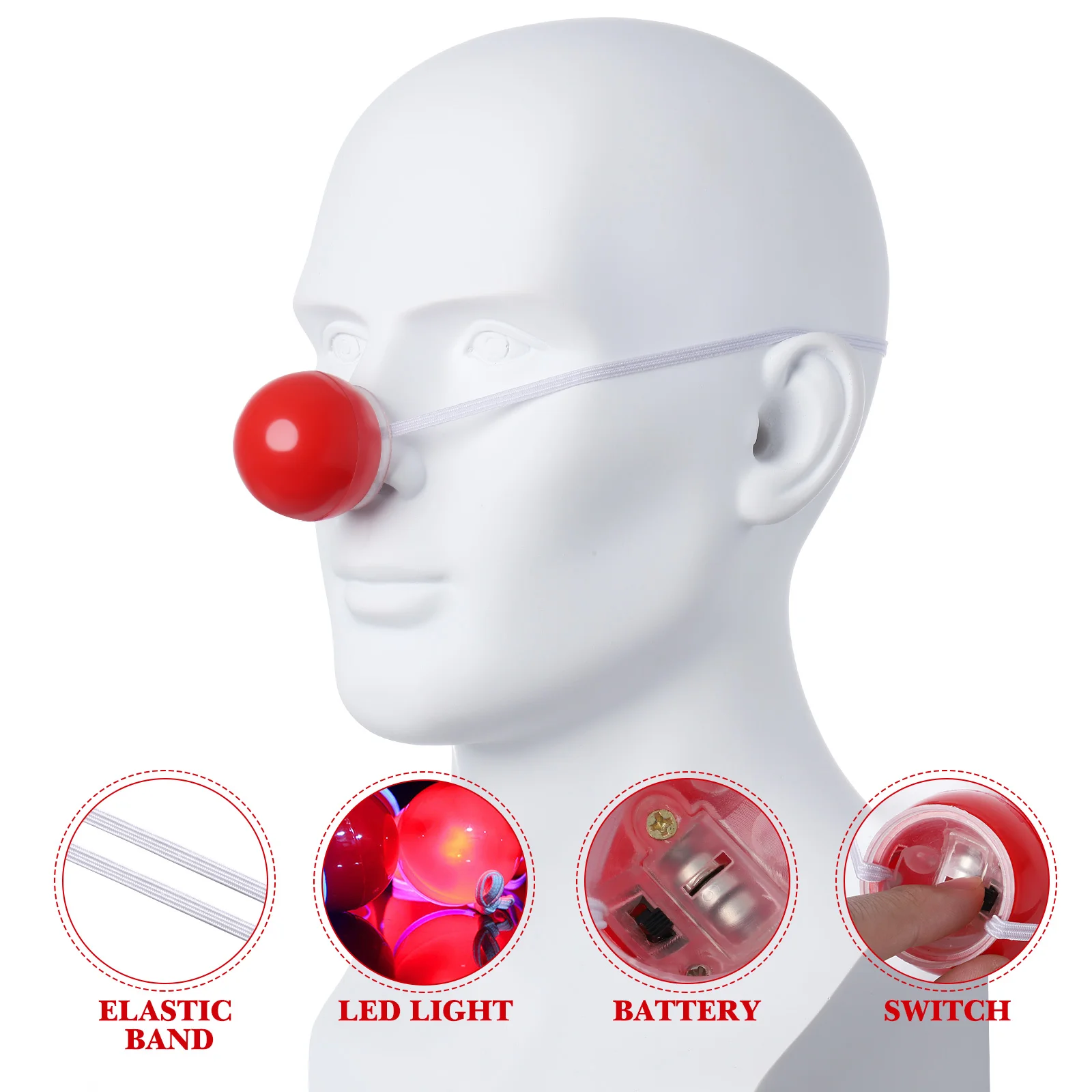 5 Pcs Glowing Clown Red Plastic LED Flashing Halloween Christmas Cosplay Props Party Decor naments Vinyl Smooth
