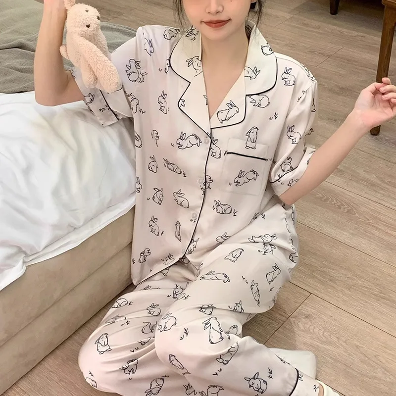 Ladies New Simple Cartoon Pajamas Loungewear Set Spring Summer Ice Silk Short Sleeve Pants Casual Pajamas Loungewear Ladies