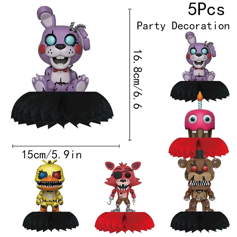 FNAF Horror Game Freddy Bonnie Chica Foxy Birthday Party Decorations 5pcs Honeycomb Table Centerpieces Theme Party Supplies
