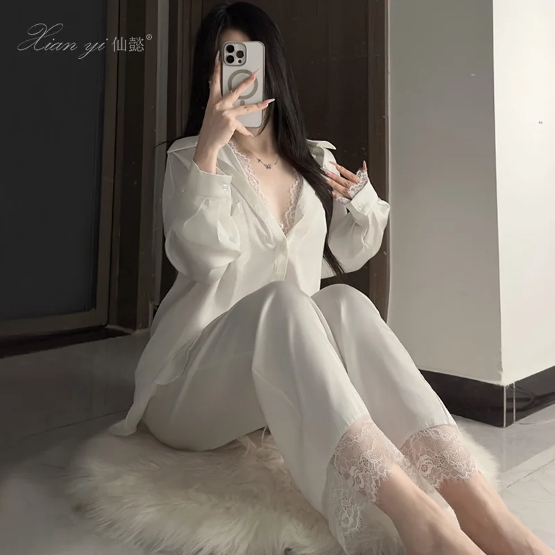 

Пижама, женский комплект из двух предметов: рубашка с длинным рукавом в стиле boyfriend с кружевом, свободные брюки, для любого сезона, для дома