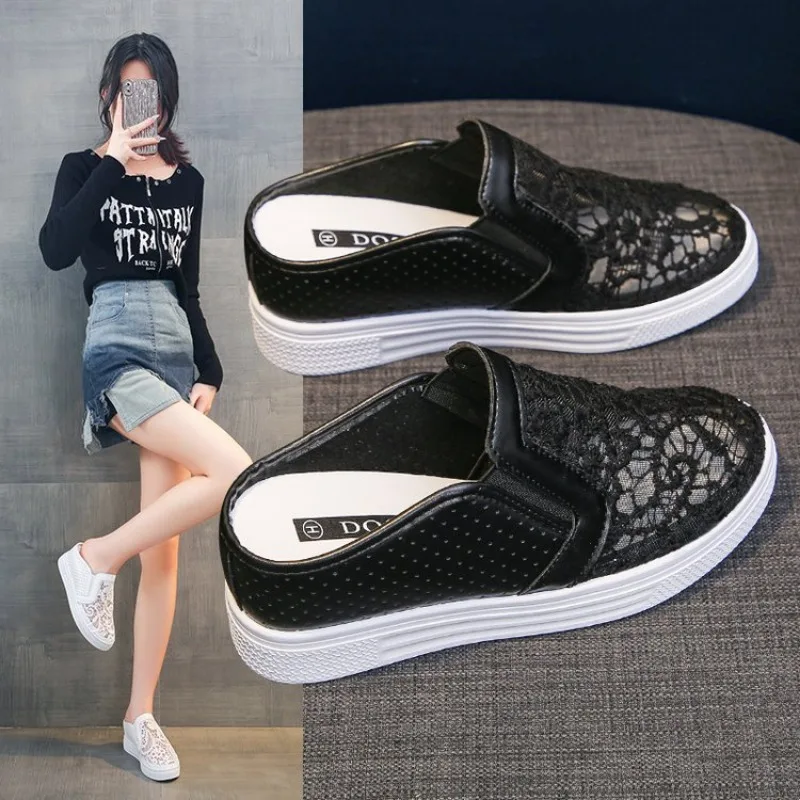 Embroider Flower Slippers Women Creepers Outside Air Mesh Mules Shoes Platform Sandals Breathable Closed Toe Slides Flip Flops