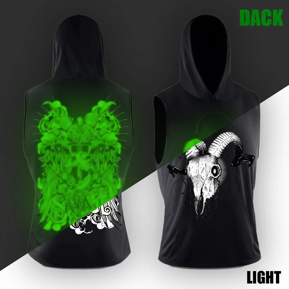 Cool Gothic Glow in the Dark Printed Sheep Head Men's Hooded Tank Tops Trendy Brand Street Wear Comfortable Lightweight Tops