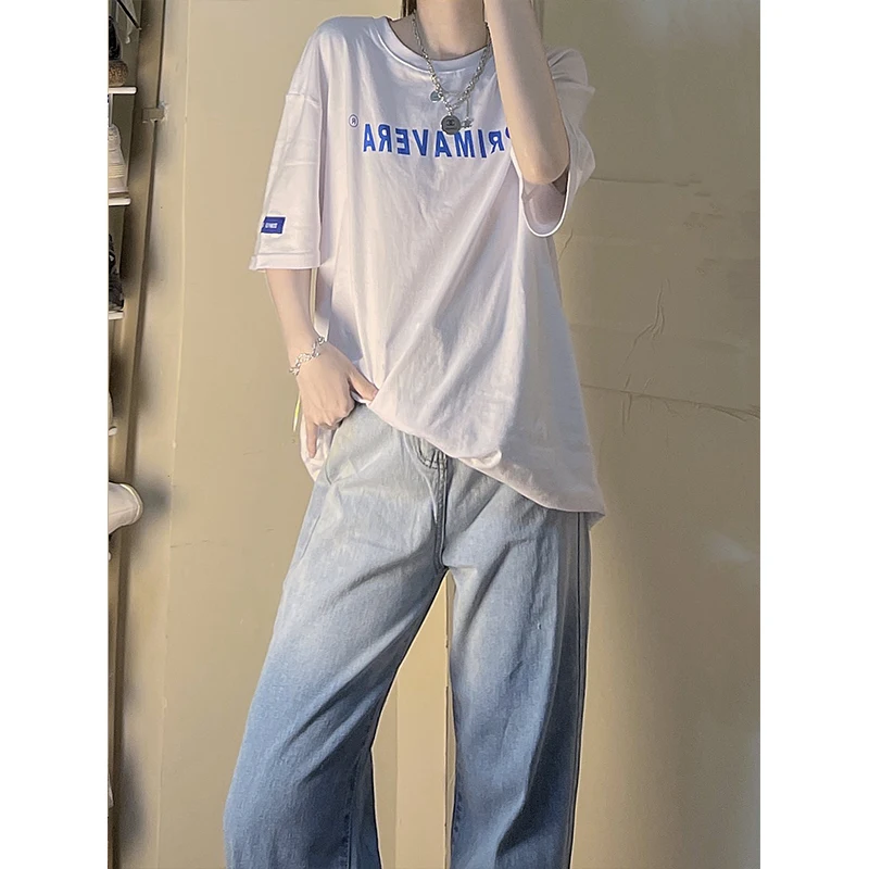 Gradient Design Denim Women's High Waisted Mop Light Blue Student Spring  Autumn Adjustable Elastic Wide Leg Pants Women Jeans