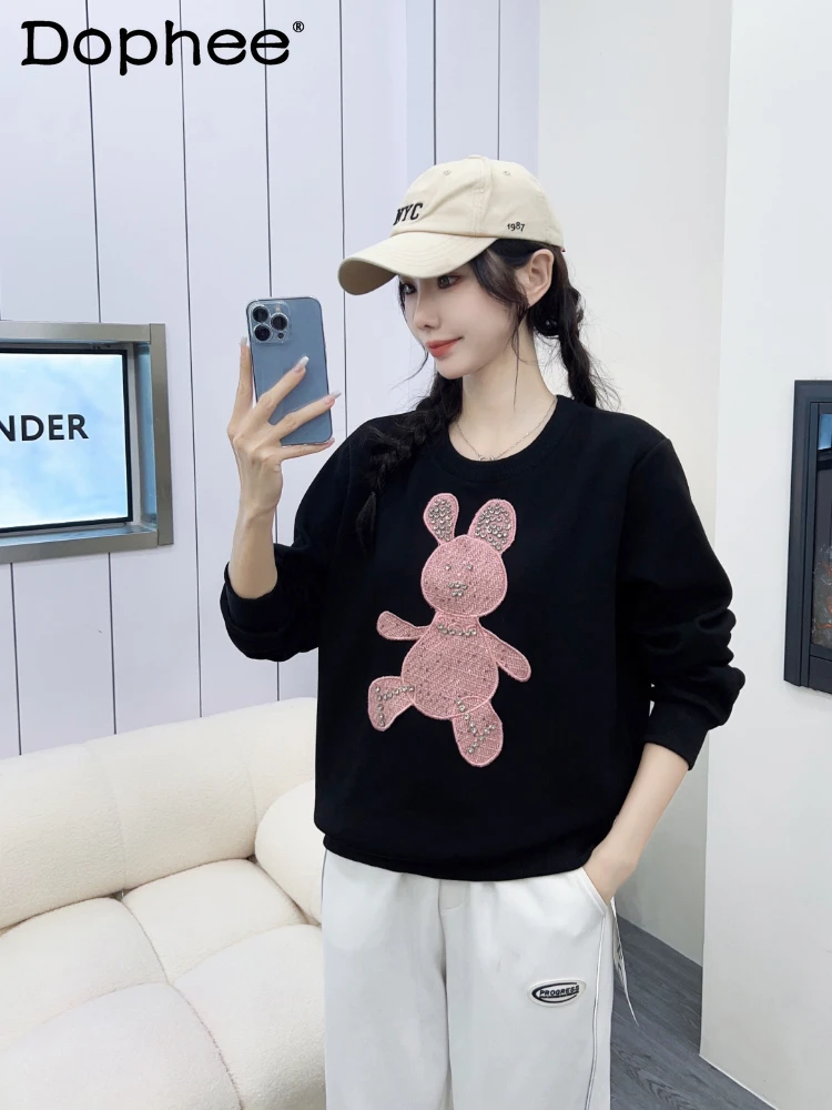 

Fashion Cartoon Hoodies Women 2023 Autumn New Korean Style Pink Bear Diamond Round Neck Neck Pullover Sweet Sweatshirts Female