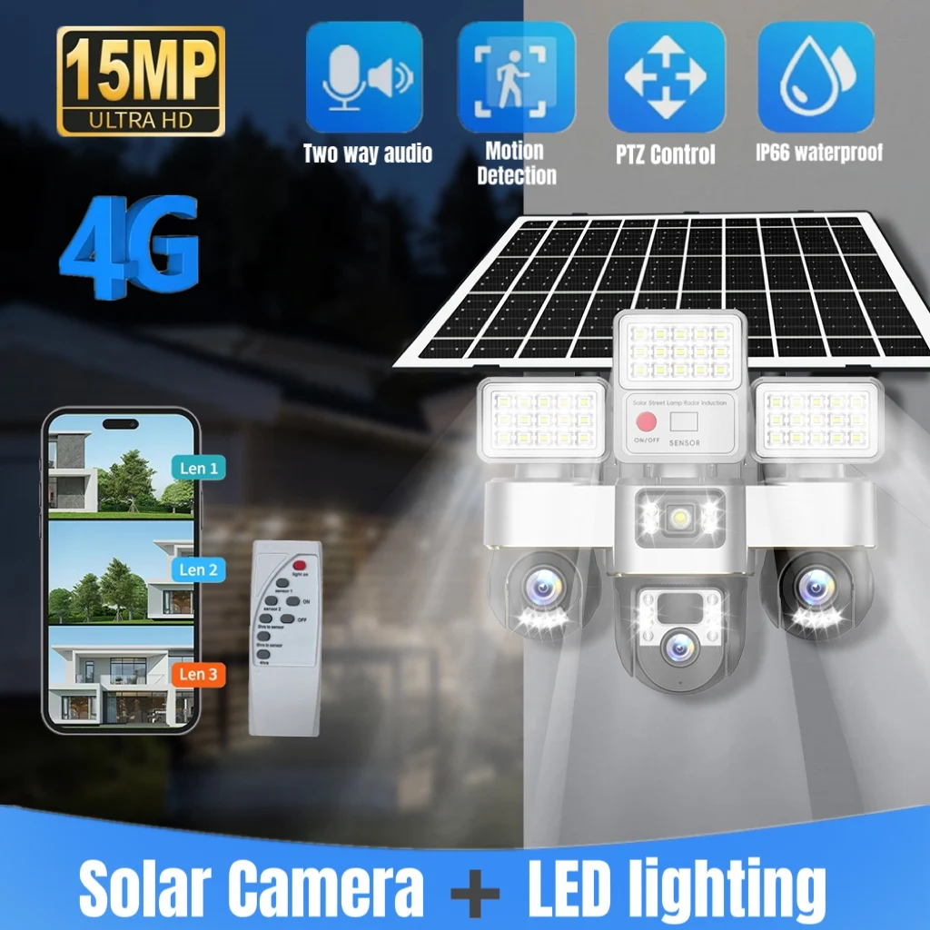 15MP Solar Camera LED Lighting Three Screen 4G sim Security Solar CCTV Wireless Surveillance IP Camera Remote Control V380 app