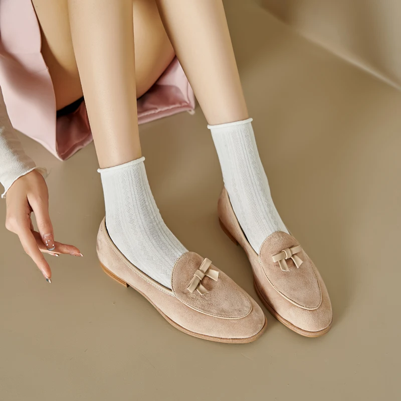 Soft Genuine Leather Round Toe Flats Basic Style Women Loafers Simple Flat Shoes Daily Mules Spring Autumn Women Bowtie Flats