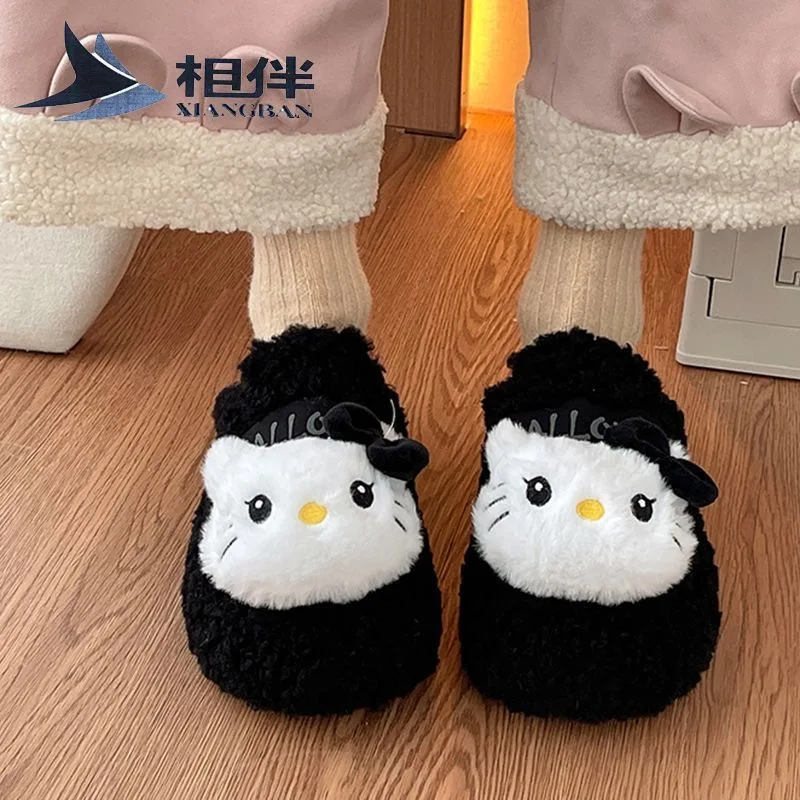 Fashion Cartoon Hello Kitty Doll Cute Anti slip Fury Shoes for Women Wearing Winter New Style Warm Baotou Cotton Shoes Slippers