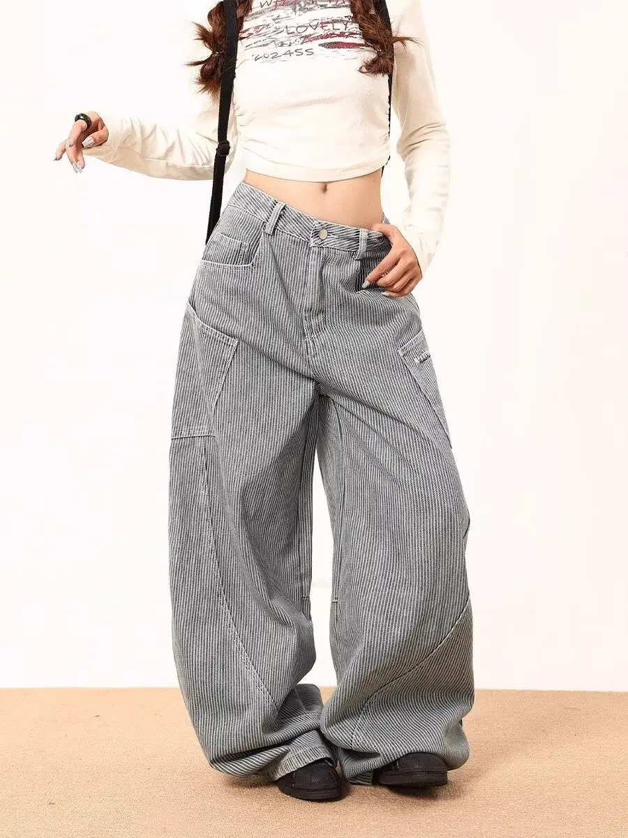 Graue Baggy-Jeans für Damen, Y2K, japanische Hose, Harajuku, High Street, Vintage, 2000er-Jahre-Stil, lockere Hose mit weitem Bein, Jeans, Kleidung 2024